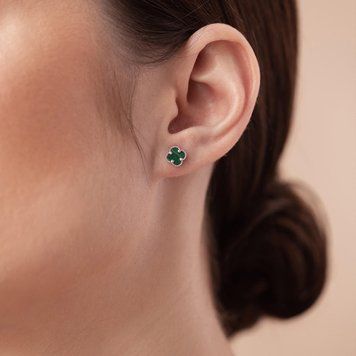 Сережки - пусети "Конюшина" з малахітом mini (біле золото) с08412 с08412 фото