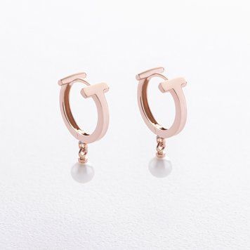 Сережки - кільця "Tina" з перлами (червоне золото) с09637 с09637 фото