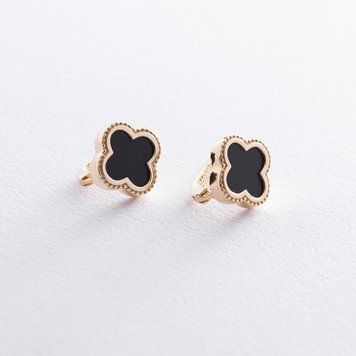 Сережки "Конюшина" в жовтому золоті (онікс) с07509 с07509 фото