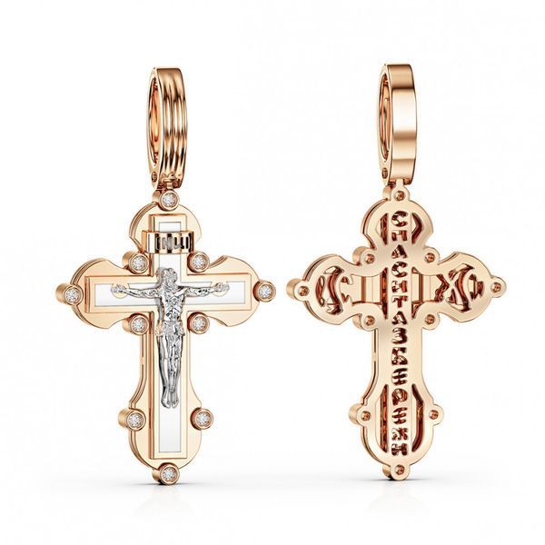 Золотой крестик ажурный с распятием и фианитами в красном и белом золоте 830351 830351 фото