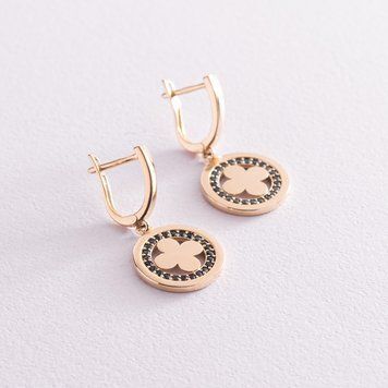 Сережки "Конюшина" в жовтому золоті (чорні фіаніти) с07685 с07685 фото