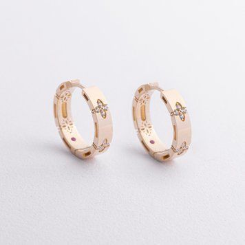 Сережки - кільця "Конюшина" в жовтому золоті (фіаніти) с09228 с09228 фото