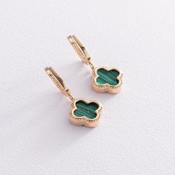 Сережки "Конюшина" в жовтому золоті (малахіт) с07545 с07545 фото
